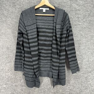 Max Studio Cardigan Women M Medium Gray Striped Open Front Long Sleeve Hooded